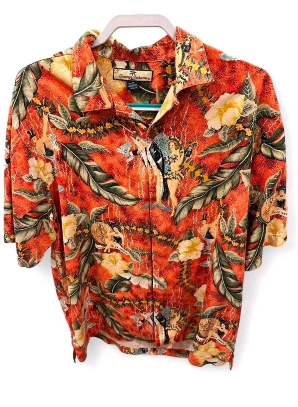 Vtg Tommy Bahama 2004 Orange In Full Swing Hawaiian Short Sleeve Button Down